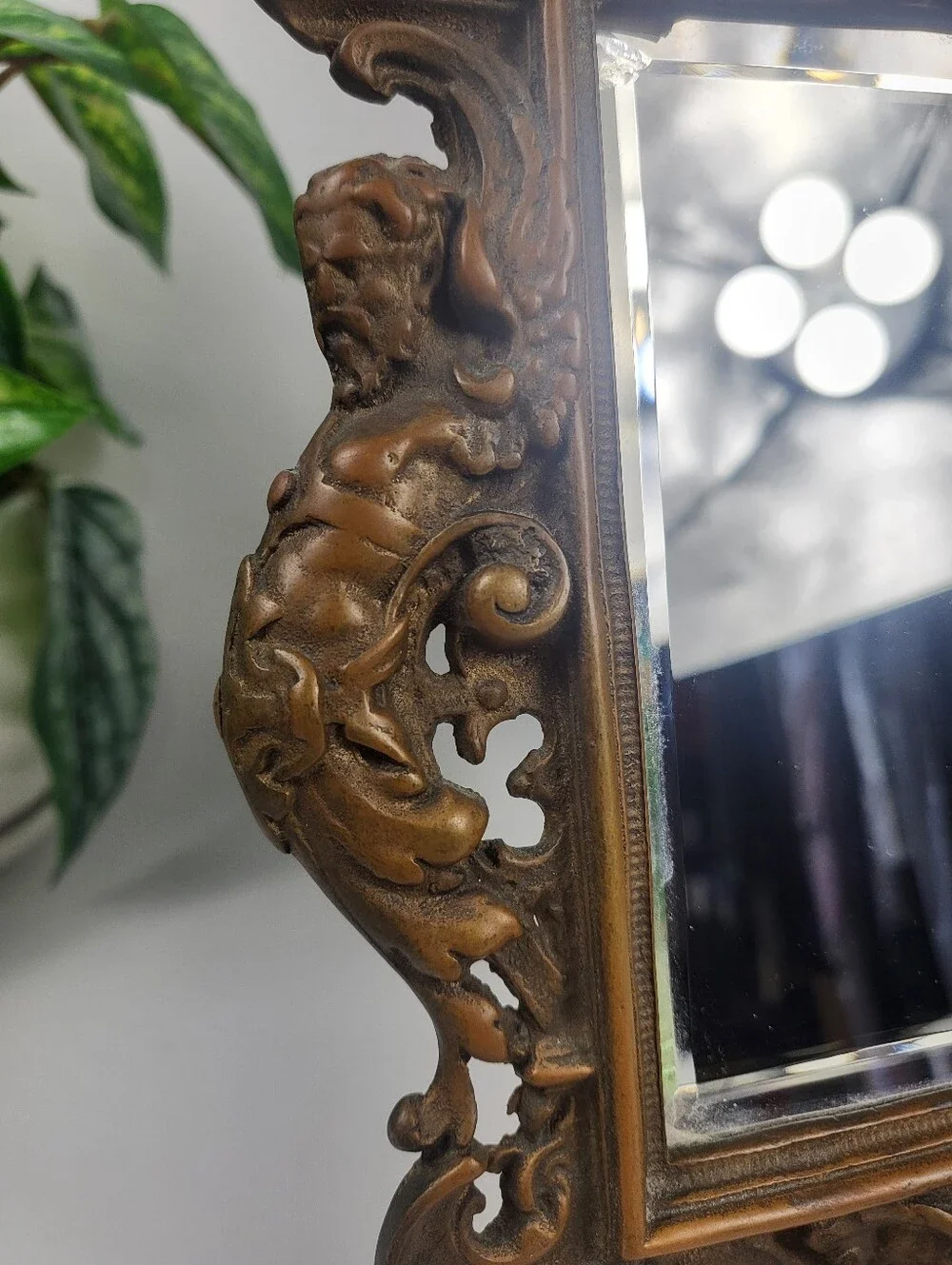 Antique Brass Mirror w/Easel- Late 19th Century High Relief Bacchus Mask Baroque